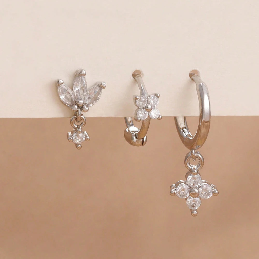 3PCS Stainless Steel Zircon Flower Earring Set for Women -