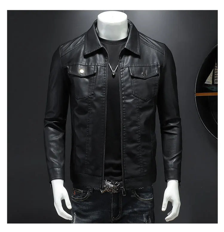 Men's Motorcycle Leather Jacket Large Size Pocket Black Zipper Lapel Korean Slim Fit Male High Quality PU Leather Coat for Men -