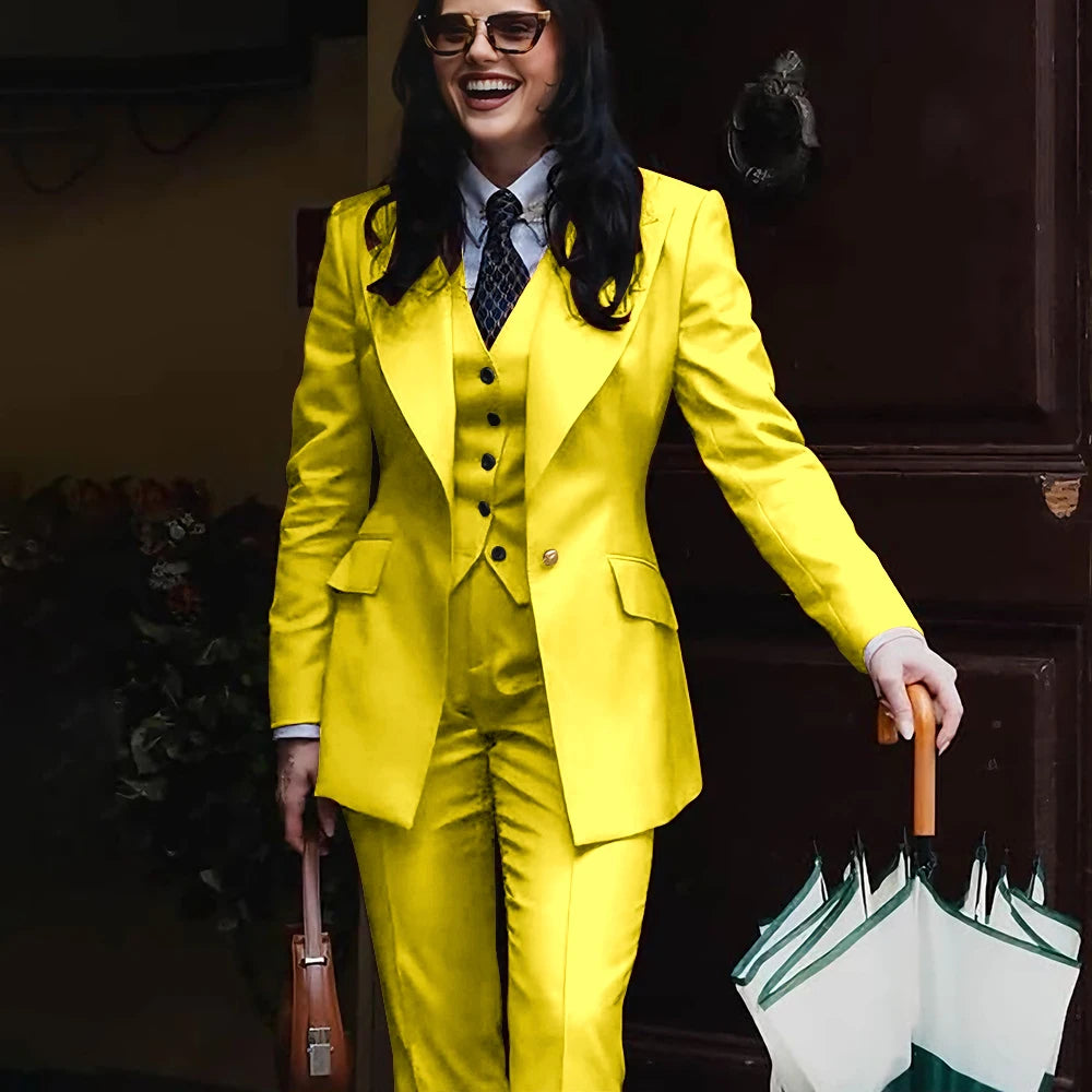 Autumn Retro Red Women's Jacket Pant Sets 3Piece Suit Single Button Peaked Lapel Blazer Formal Office Professional Outerwears -