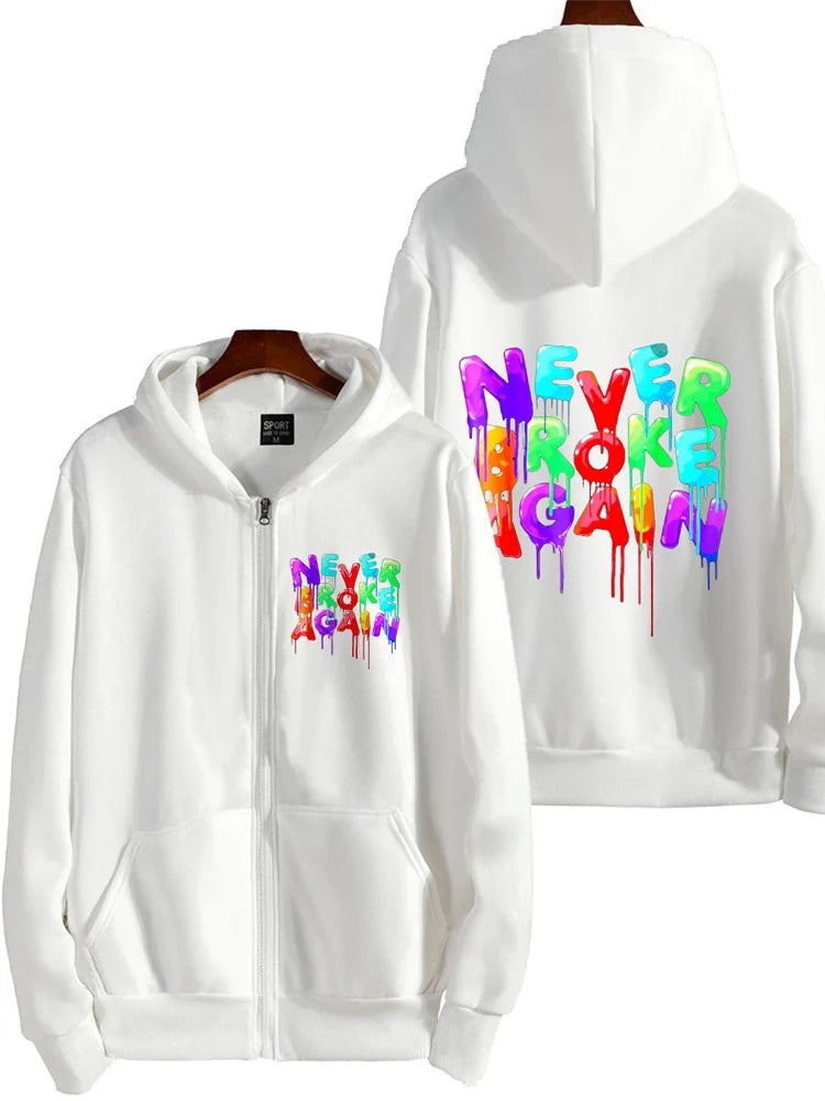Stay fresh and bold in this men's multi-color hooded sweatshirt featuring the Never Broke Again design! -