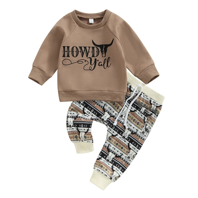 2pcs Autumn Causal Baby Boys Clothes Sets 0-3Y Long Sleeve Letter Cow Bull Print Sweatshirt Tops Drawstring Pants -