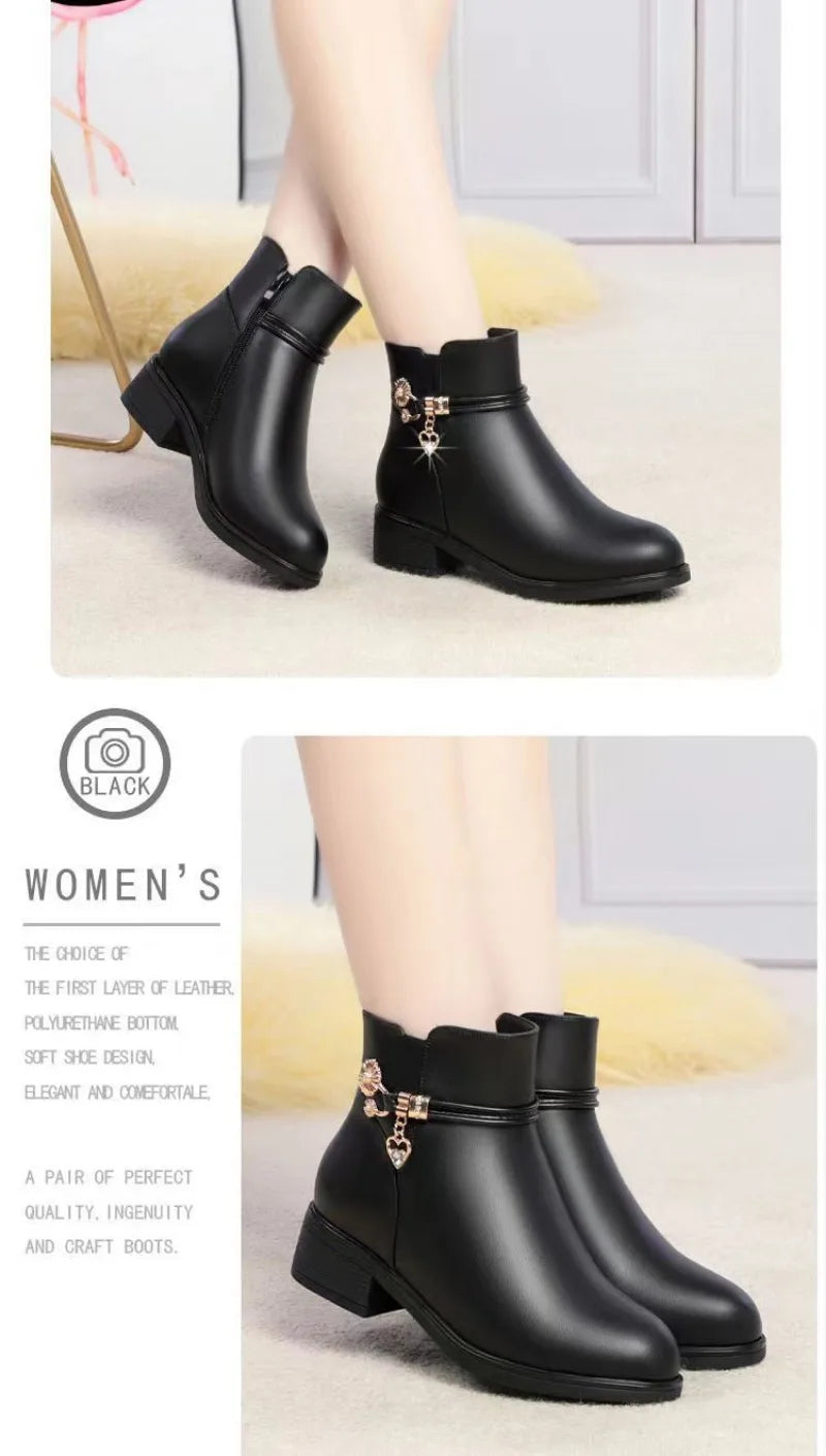 Winter Boots Women's Waterproof Warm Leather Mother Cotton Boots Fashion Black Mid heel Plush Snow Boots Soft Sole Short Boot -
