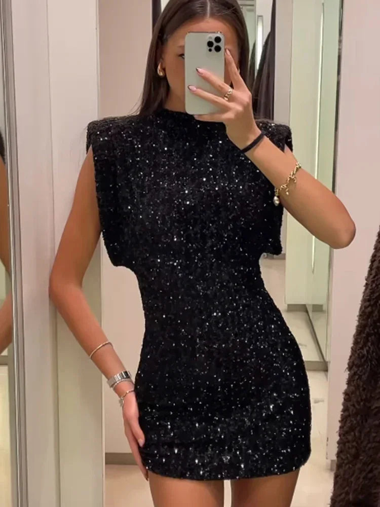 Mini Dress for Women Elegant O-Neck Fly Sleeve -