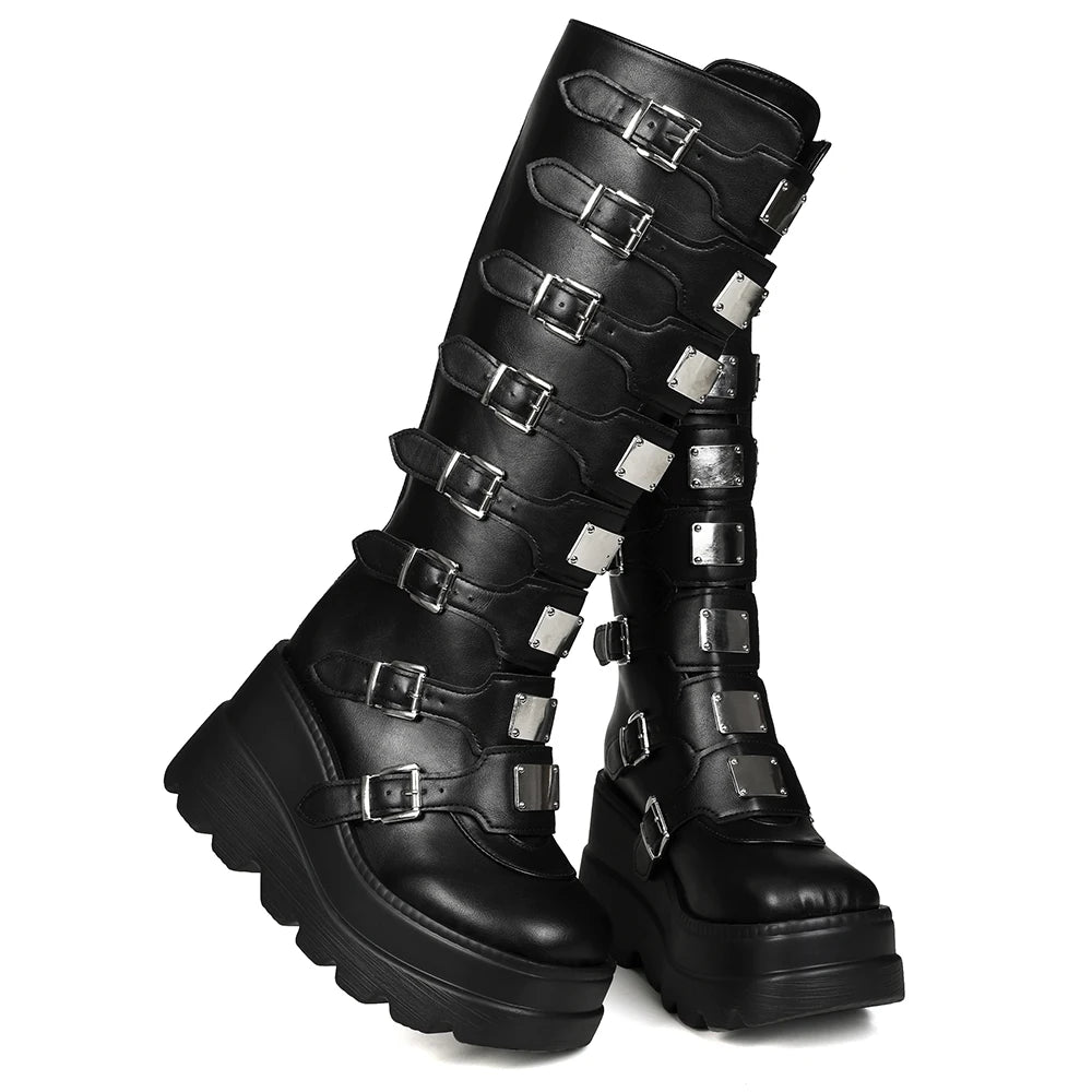 GIGIFOX Goth Metal Buckle Combat Mid-Calf Boots For Women Round Toe Platform Chunky High Wedges Cool Fashion Motorcycle Boots -