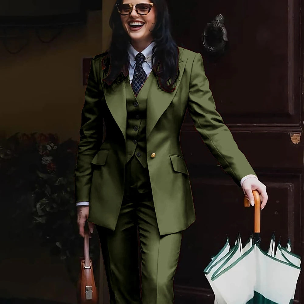 Autumn Retro Red Women's Jacket Pant Sets 3Piece Suit Single Button Peaked Lapel Blazer Formal Office Professional Outerwears -