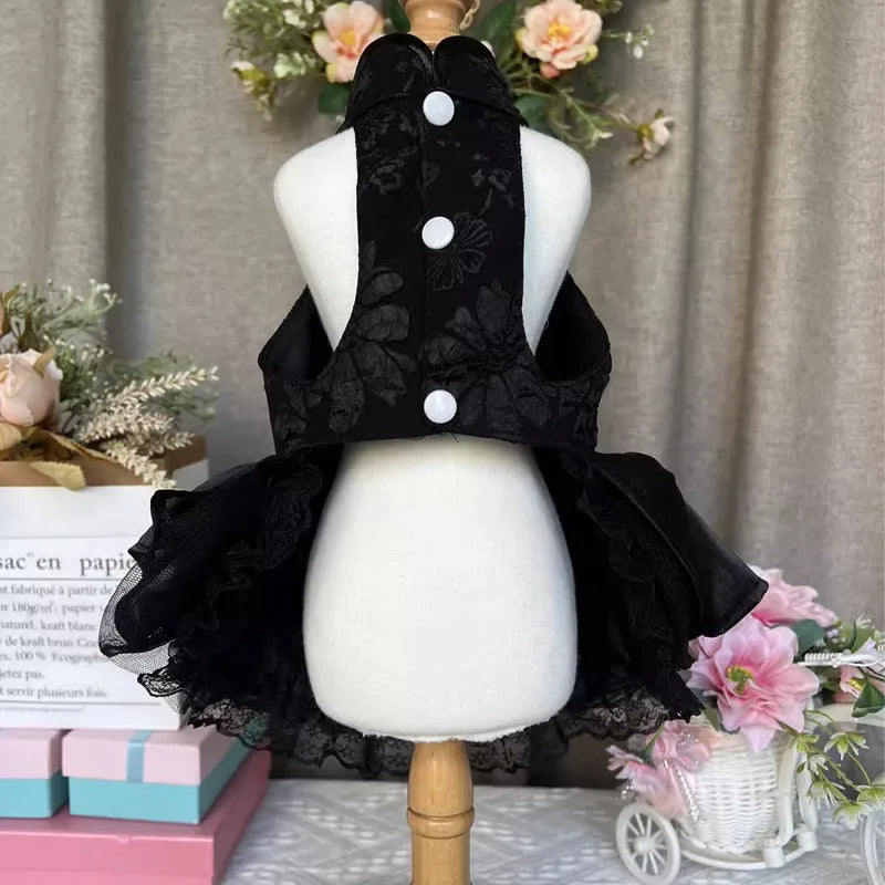 Handmade Pet Dog Clothes Flower Embroider Princess Skirts Fashion Elegant Black Evening Dress For Small Medium Dog Puppy Outfits -