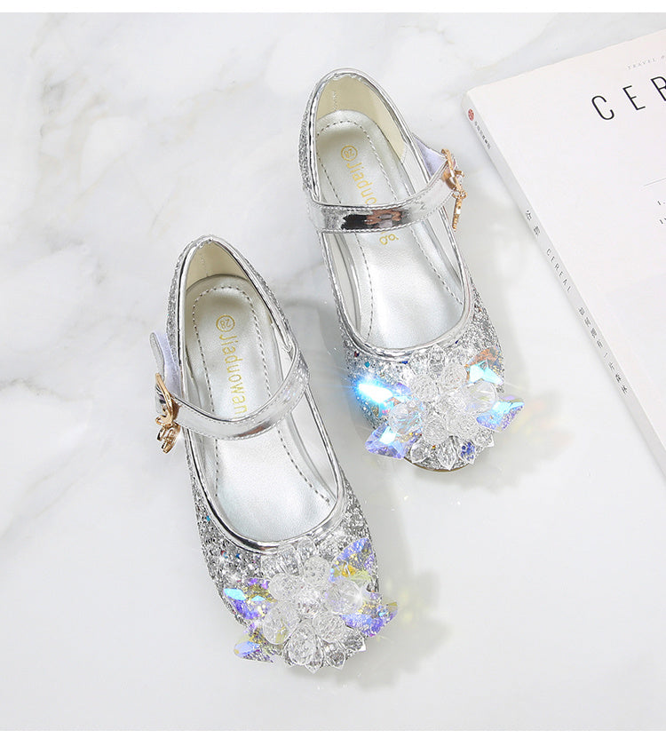 Girls' Elsa Princess High Heel Pumps - Sparkling Glitter Block Heel Shoes with Floral Embellishments, Lightweight Faux Cover for Spring & Fall, Weddings, Parties, Casual Wear, Shoes for Girls, Wedding Guest Shoes, Elegant Sho -