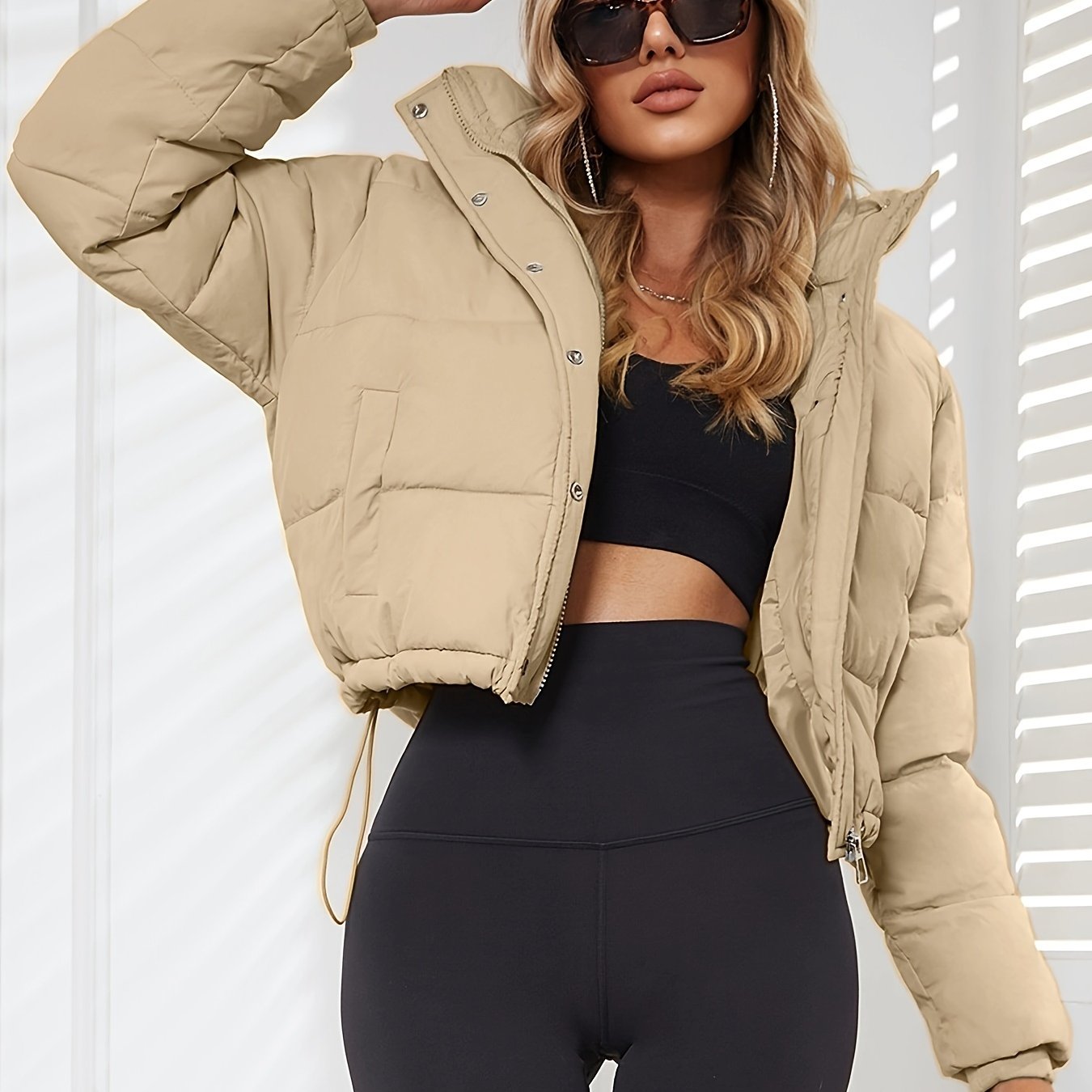 Women's Stylish Black Hooded Puffer Jacket - Casual Short Warm Outerwear with Drawstring Design, Long Sleeves, and Button-Up Front for Winter Comfort, Winter Jacket -