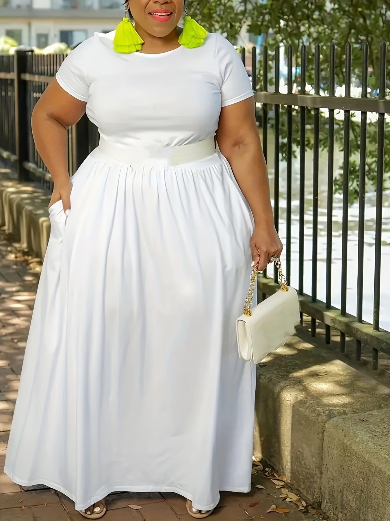 Plus Size Solid Short Sleeve Maxi Dress, Women's Plus Medium Stretch Elegant Long Dress -
