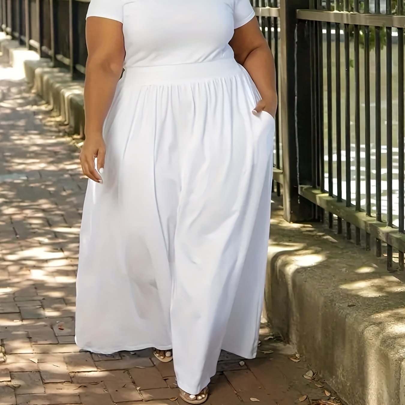 Plus Size Solid Short Sleeve Maxi Dress, Women's Plus Medium Stretch Elegant Long Dress -