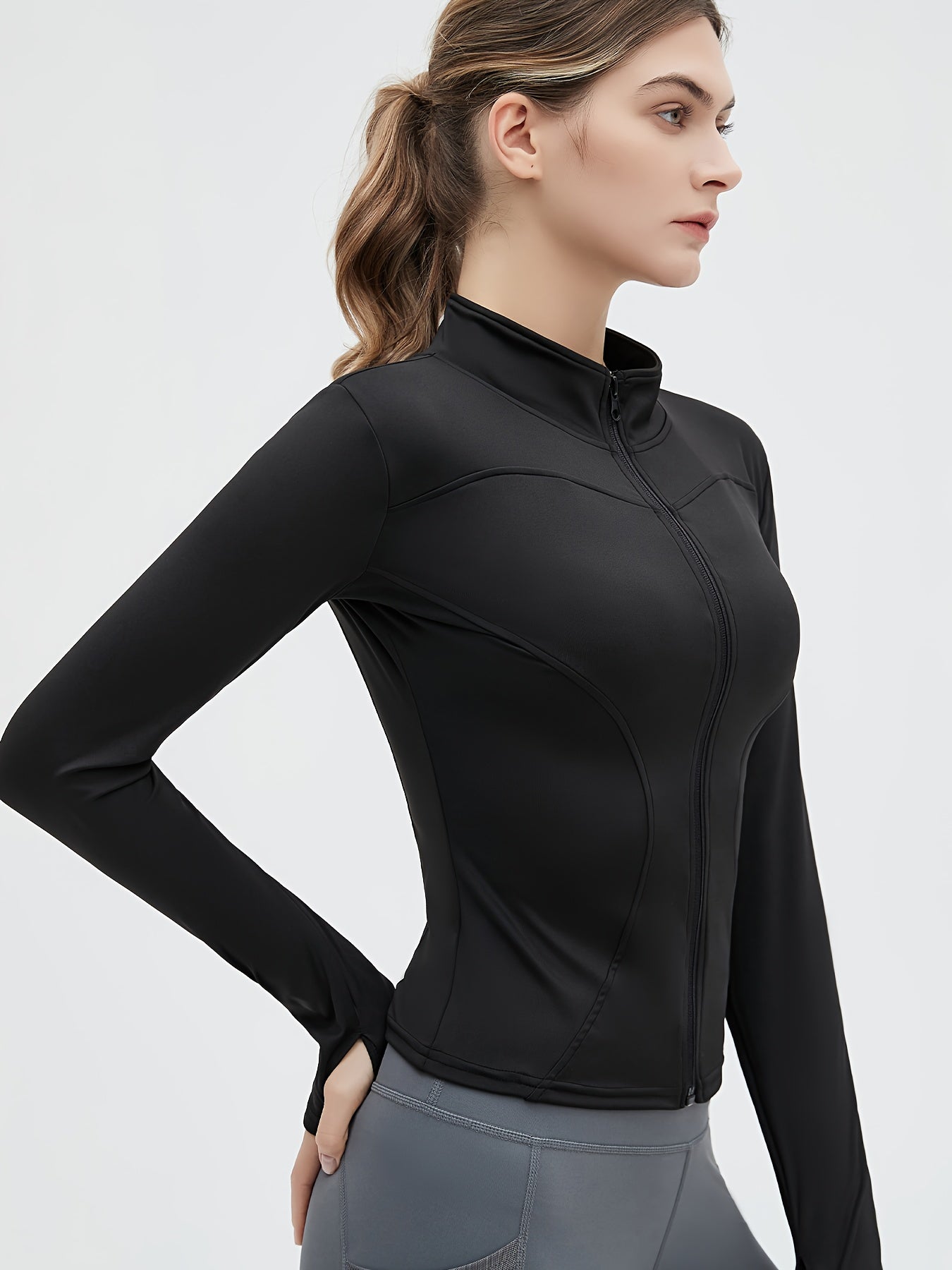 Women's Activewear: Solid Color Full Zipper Jacket With Turtle Neck, Long Sleeve & Thumb Hole For Fitness & Sports -