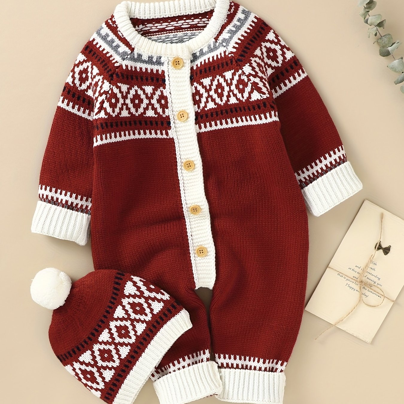Newborn Infant Geometric Pattern Sweater Romper Long Sleeve Button Jumpsuit & Hat For Toddler Baby Boys And Girls, Suitable For Indoor And Outdoor Wear -