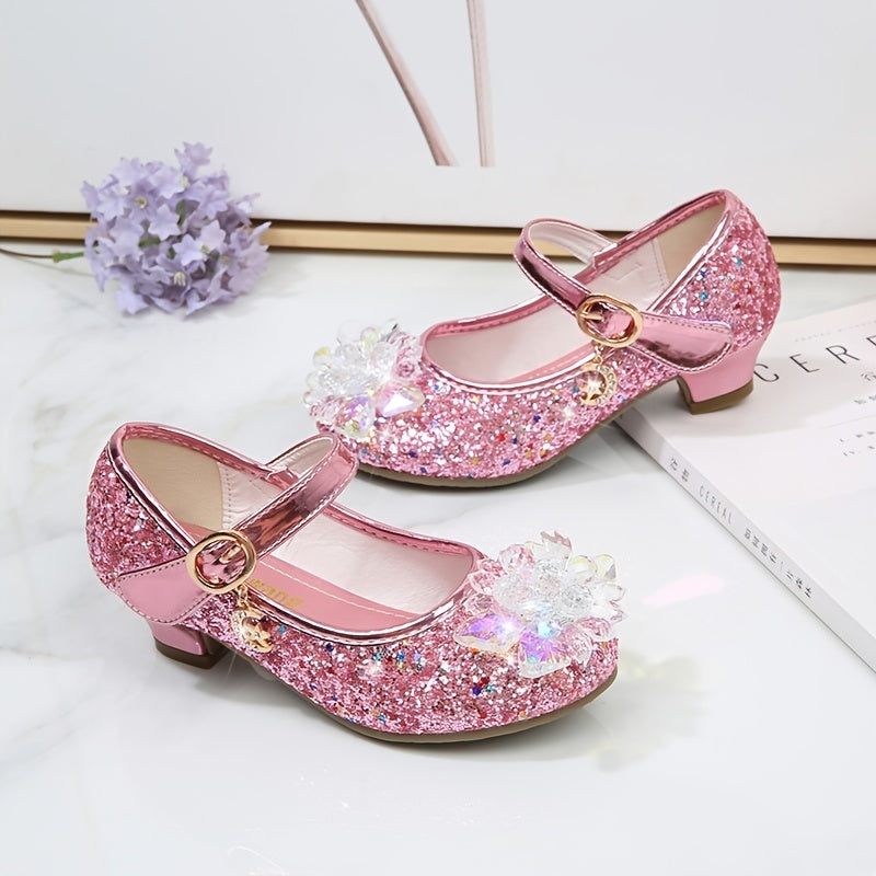 Girls' Elsa Princess High Heel Pumps - Sparkling Glitter Block Heel Shoes with Floral Embellishments, Lightweight Faux Cover for Spring & Fall, Weddings, Parties, Casual Wear, Shoes for Girls, Wedding Guest Shoes, Elegant Sho -