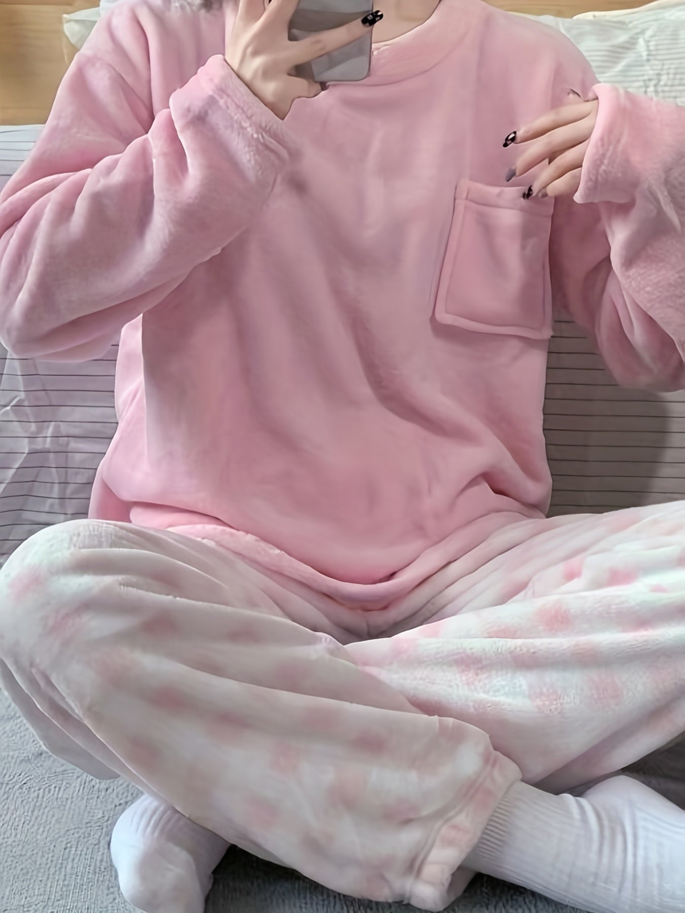 Winter Warm Velvet Pajama Set, Plaid Pattern Pajama, Solid Color Casual Home Wear Set -