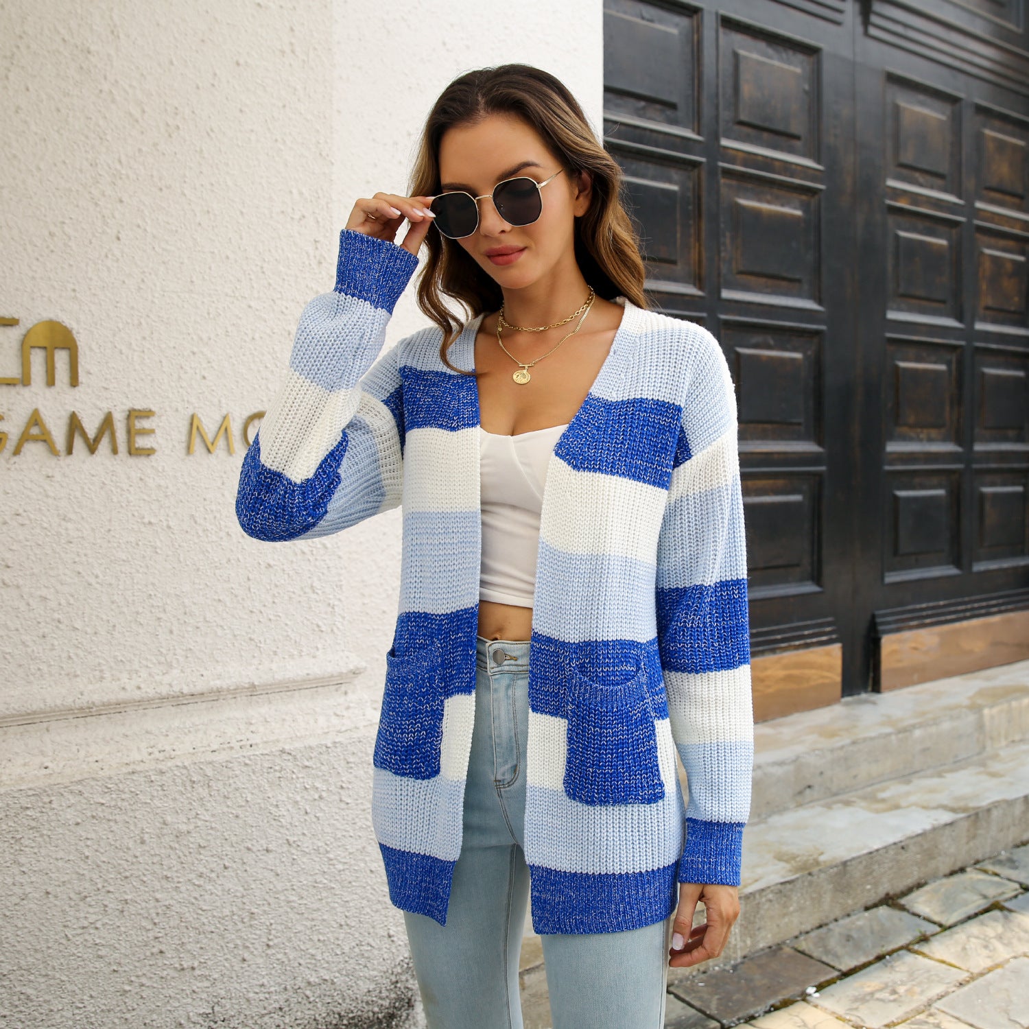 Striped Colorblock V-neck Cardigans, Casual Loose Drop Shoulder Long Sleeve Fall Winter Knit Cardigan, Women's Clothing -