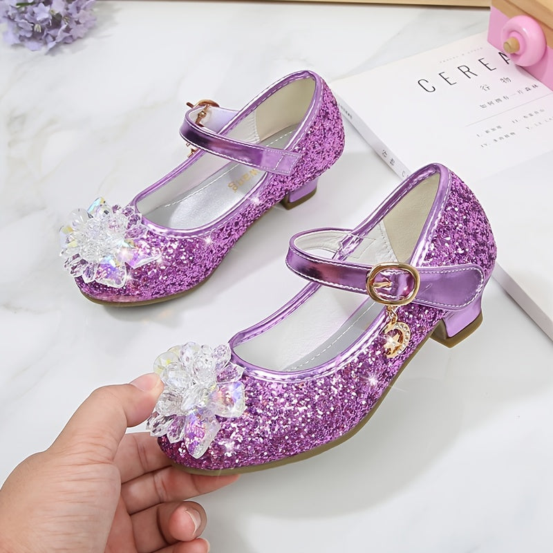 Girls' Elsa Princess High Heel Pumps - Sparkling Glitter Block Heel Shoes with Floral Embellishments, Lightweight Faux Cover for Spring & Fall, Weddings, Parties, Casual Wear, Shoes for Girls, Wedding Guest Shoes, Elegant Sho -