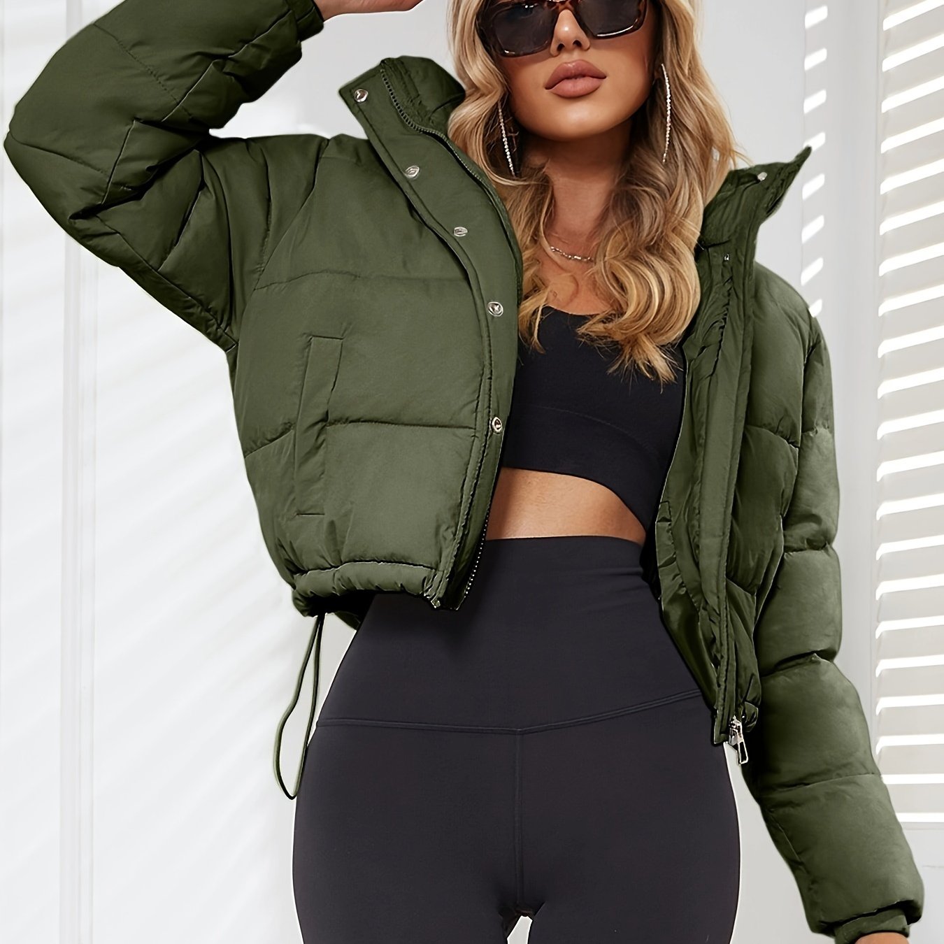 Women's Stylish Black Hooded Puffer Jacket - Casual Short Warm Outerwear with Drawstring Design, Long Sleeves, and Button-Up Front for Winter Comfort, Winter Jacket -