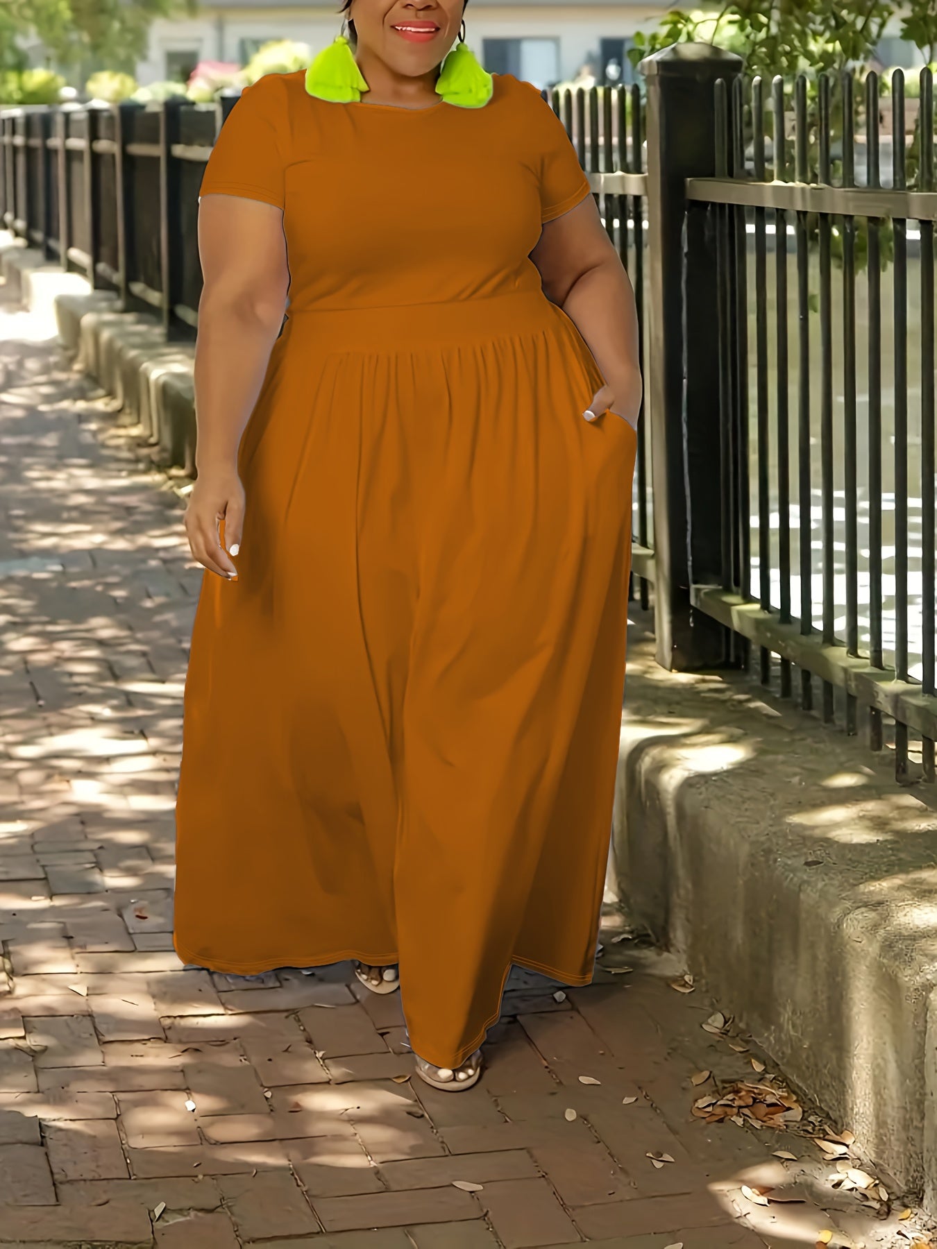 Plus Size Solid Short Sleeve Maxi Dress, Women's Plus Medium Stretch Elegant Long Dress -
