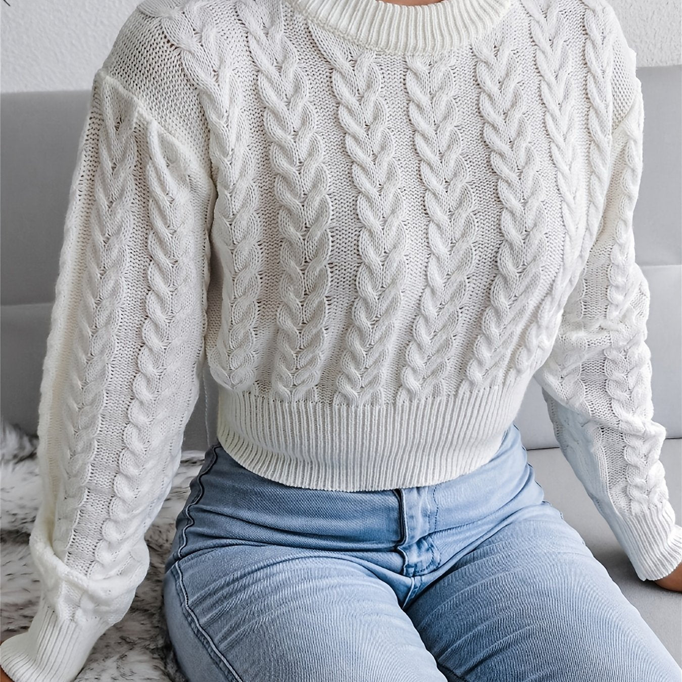 Cable Crew Neck Crop Sweater, Casual Waist Long Sleeve Fall Winter Knit Crop Sweater, Women's Clothing -