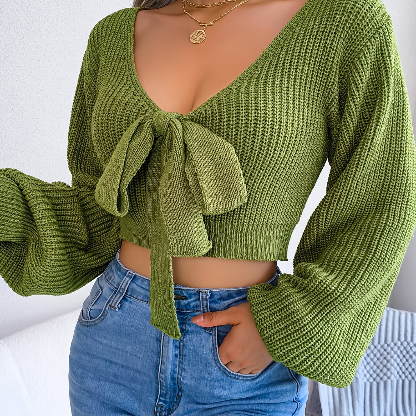 Sexy Bowknot V Neck Crop Sweater, Casual Lantern Long Sleeve Loose Fall Winter Knit Sweater, Women's Clothing -