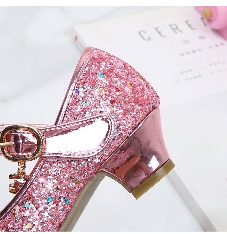 Girls' Elsa Princess High Heel Pumps - Sparkling Glitter Block Heel Shoes with Floral Embellishments, Lightweight Faux Cover for Spring & Fall, Weddings, Parties, Casual Wear, Shoes for Girls, Wedding Guest Shoes, Elegant Sho -