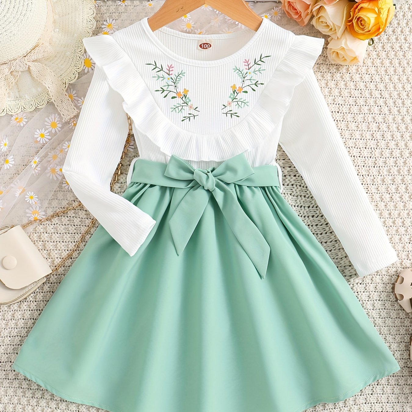 Girls' Floral Print Long Sleeve Dress with Belt - Knee-Length Round Neck Casual Outfit, Pink & White V-Neck Design for Spring & Fall, Dresses for Girls, Seasonal Fashion, Vneck Dress, Nontransparent Fabric -