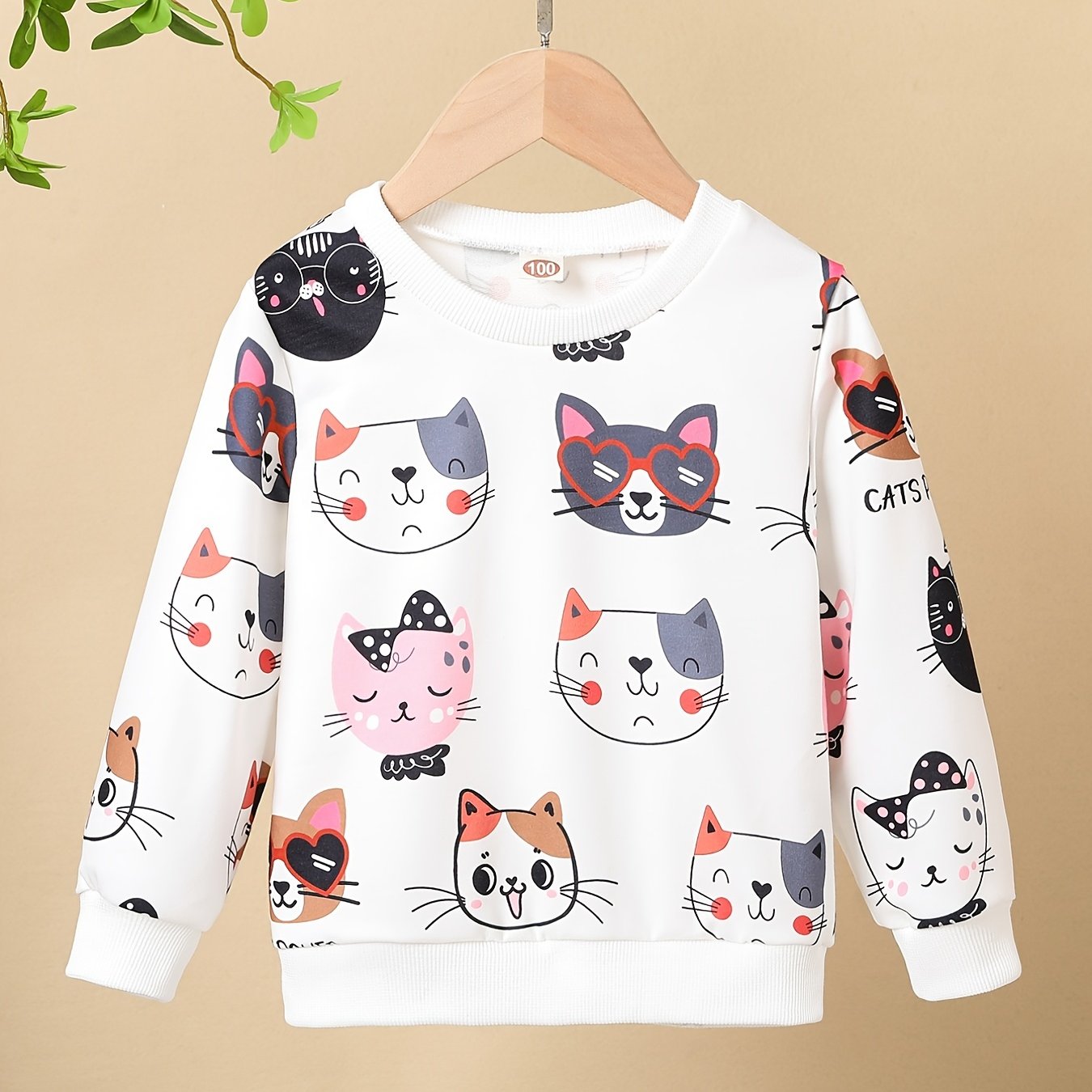 HWMFSNHFZ Girls' Lightweight Long Sleeve Cartoon Cat Print Sweatshirt - Soft Pink Crew Neck Casual Pullover for Spring & Fall, All-Season Comfort, Cute Sweaters -