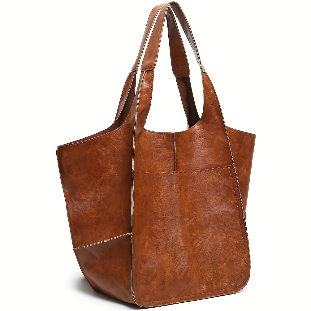 Large Capacity Retro PU Tote Bag For Women - Spacious & Stylish Handbag With Handy Front Pocket For Work, Travel & Everyday Chic -