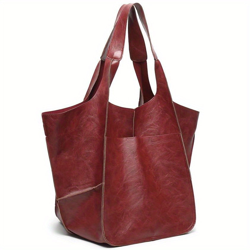 Large Capacity Retro PU Tote Bag For Women - Spacious & Stylish Handbag With Handy Front Pocket For Work, Travel & Everyday Chic -
