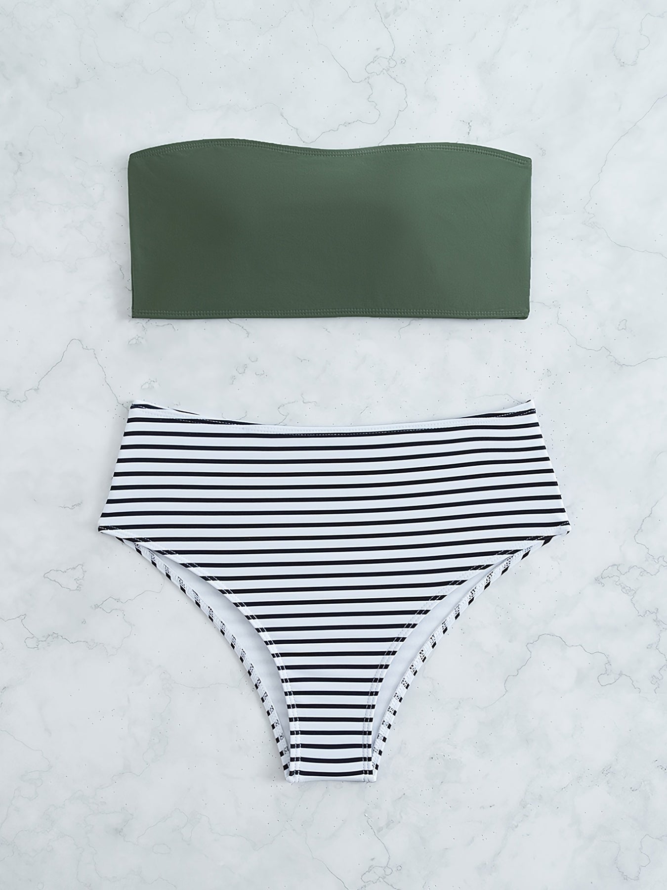 Striped Print Bandeau Two Piece Swimsuit, Army Green Strapless Tube Top, High Rise Black & White Striped Bottom Bikini Sets, Women's Swimwear & Clothing -