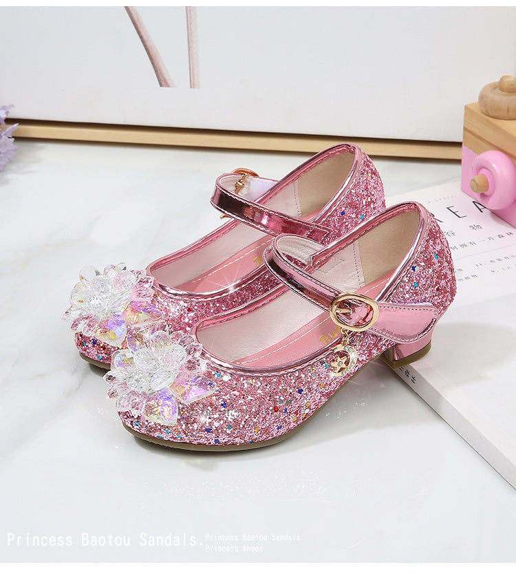 Girls' Elsa Princess High Heel Pumps - Sparkling Glitter Block Heel Shoes with Floral Embellishments, Lightweight Faux Cover for Spring & Fall, Weddings, Parties, Casual Wear, Shoes for Girls, Wedding Guest Shoes, Elegant Sho -