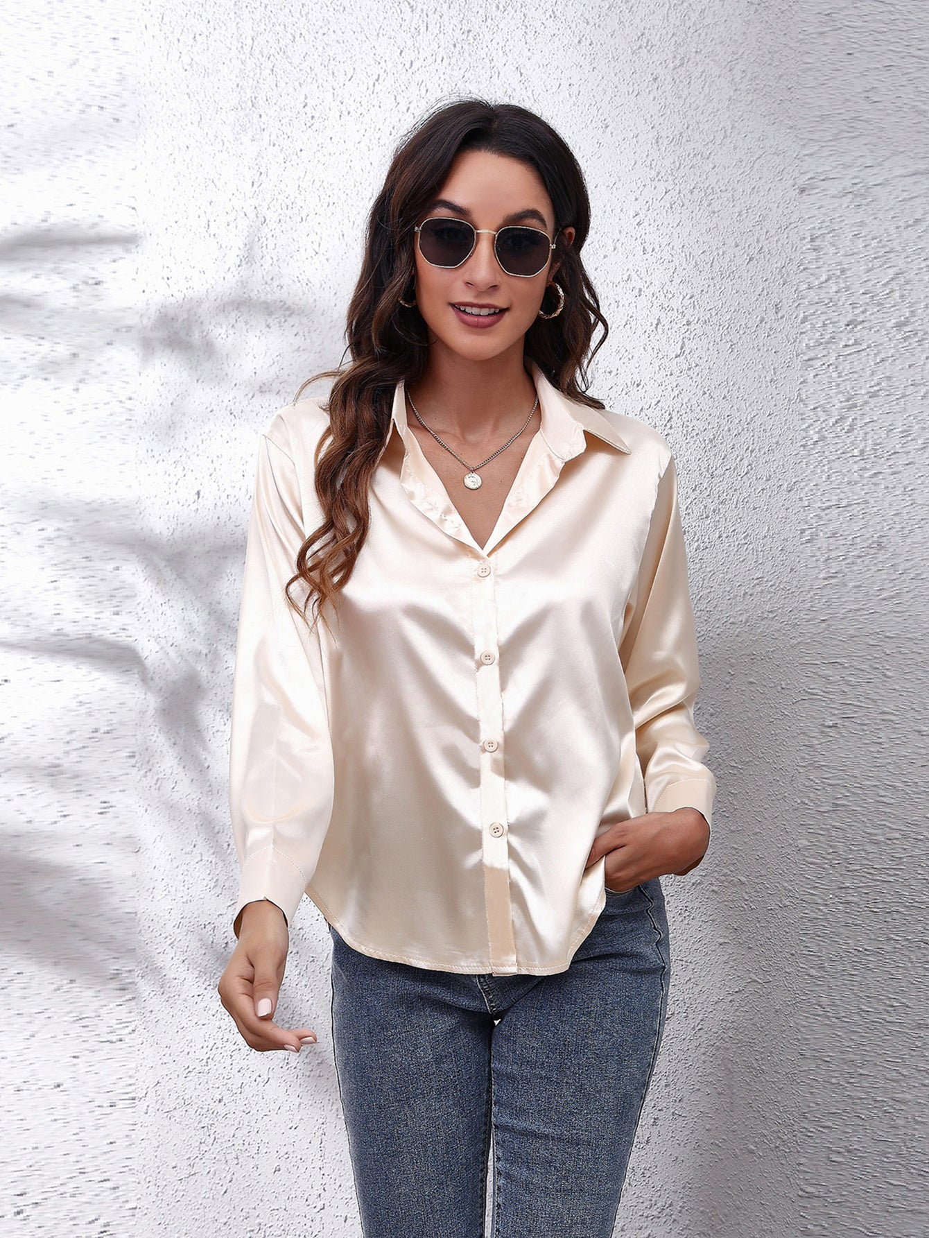 Elegant Satin-Finish Long Sleeve Blouse for Women - Chic Solid Color, Non-Stretch Fabric, Perfect for Spring/Fall, Ideal for Formal Occasions, Ladies Blouses -