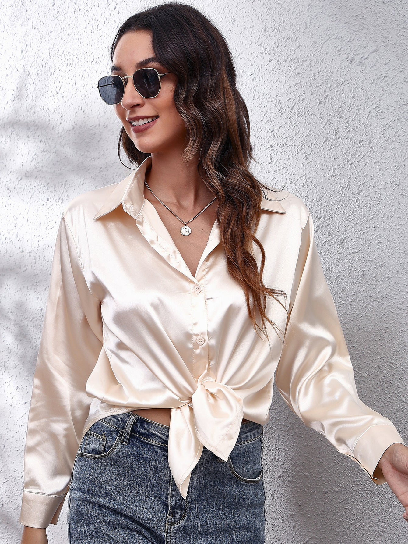 Elegant Satin-Finish Long Sleeve Blouse for Women - Chic Solid Color, Non-Stretch Fabric, Perfect for Spring/Fall, Ideal for Formal Occasions, Ladies Blouses -