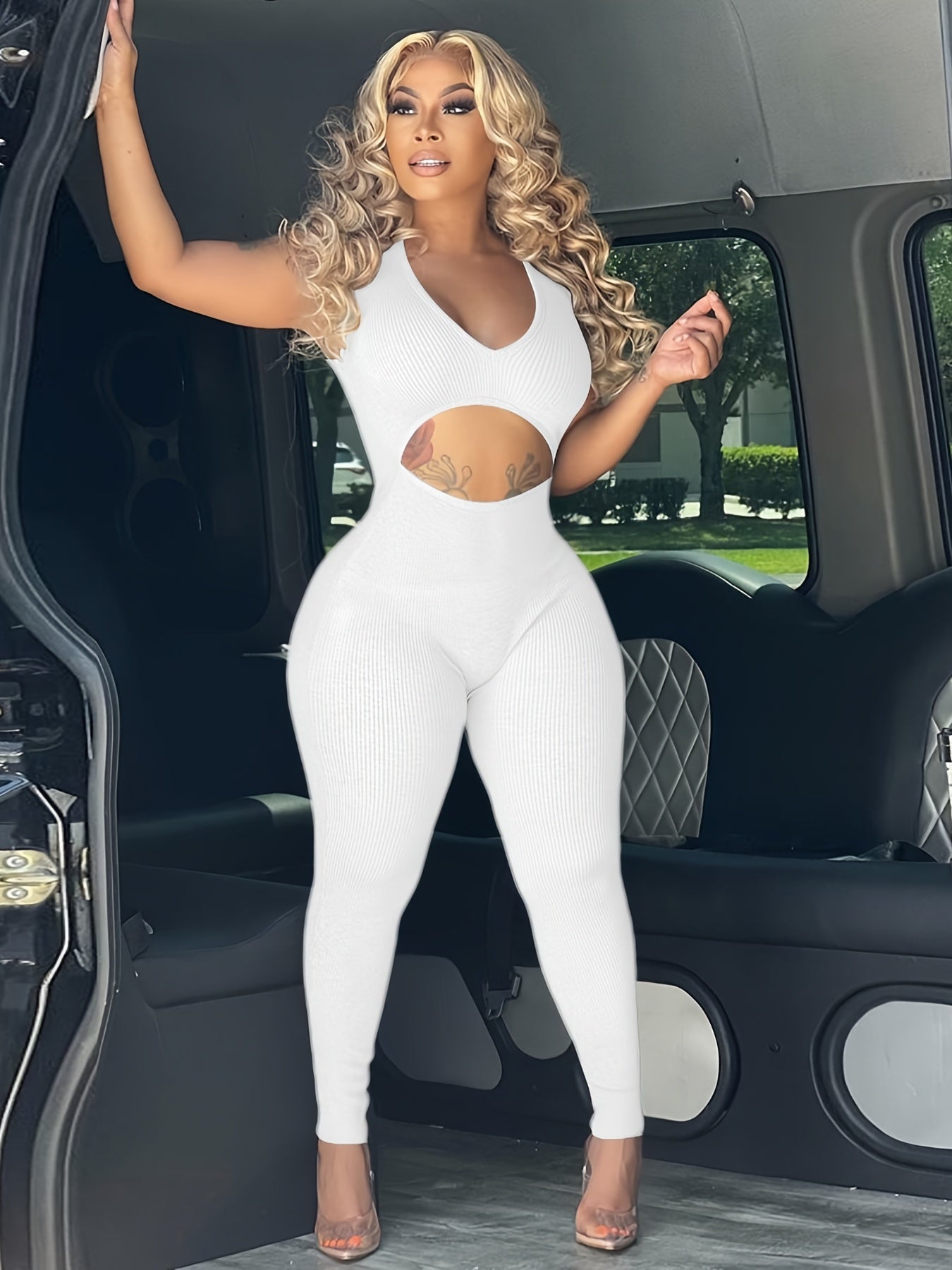 Cut Out Sleeveless Jumpsuit, Sexy Solid Bodycon Jumpsuit, Women's Clothing -