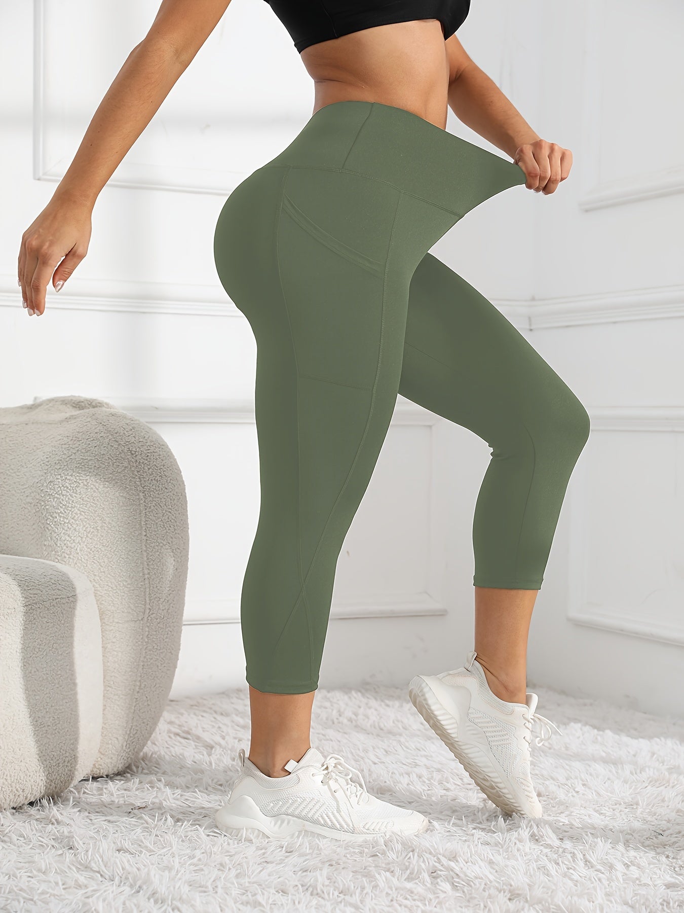 Women's High-Waisted 7/8 Length Leg Workout Leggings - Full-Length Leg Muscle-Building Gym Pants with Pockets, Solid Green Yoga Pants for Cycling, Pilates, Training | All-Season Fitness Pants with 7/8th Leg Coverage, Smooth T -