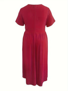 Plus Size Solid Short Sleeve Maxi Dress, Women's Plus Medium Stretch Elegant Long Dress -