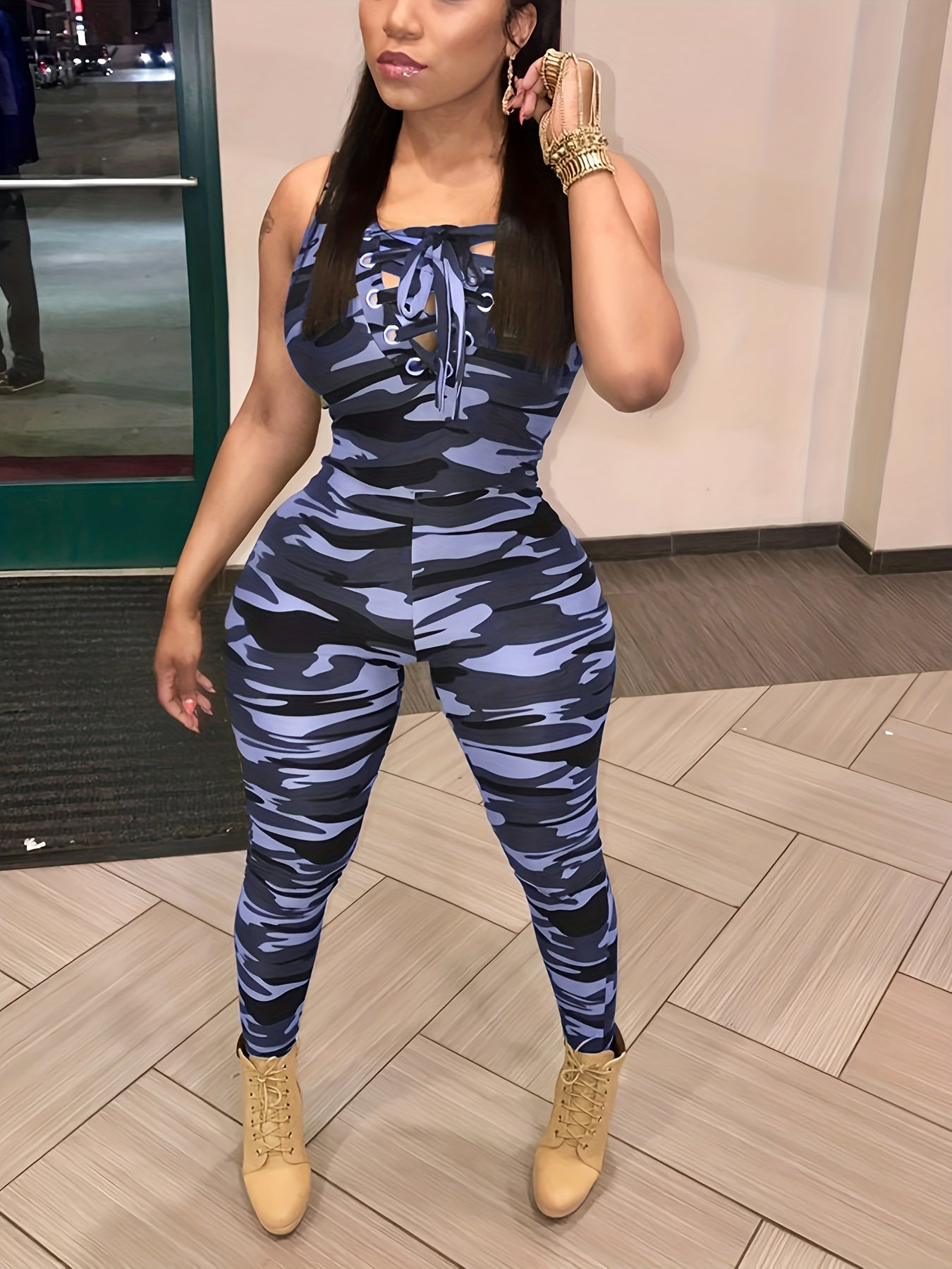 Sleeveless Leopard Print Sexy Jumpsuit, Skinny Camouflage Knitted Jumpsuit, Women's Clothing -