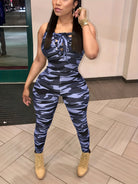 Sleeveless Leopard Print Sexy Jumpsuit, Skinny Camouflage Knitted Jumpsuit, Women's Clothing -