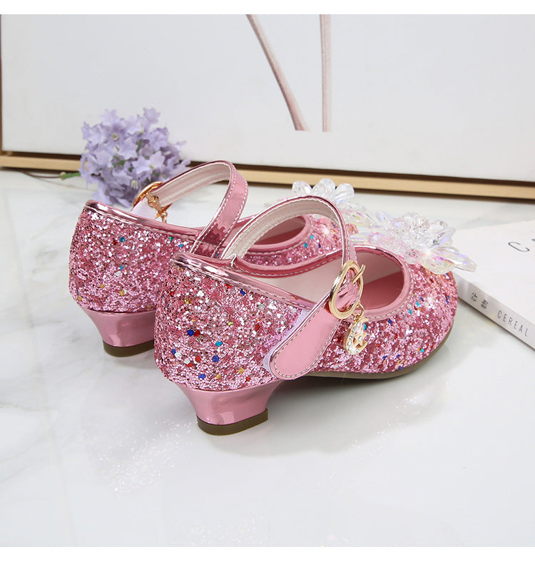 Girls' Elsa Princess High Heel Pumps - Sparkling Glitter Block Heel Shoes with Floral Embellishments, Lightweight Faux Cover for Spring & Fall, Weddings, Parties, Casual Wear, Shoes for Girls, Wedding Guest Shoes, Elegant Sho -