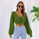 Sexy Bowknot V Neck Crop Sweater, Casual Lantern Long Sleeve Loose Fall Winter Knit Sweater, Women's Clothing -