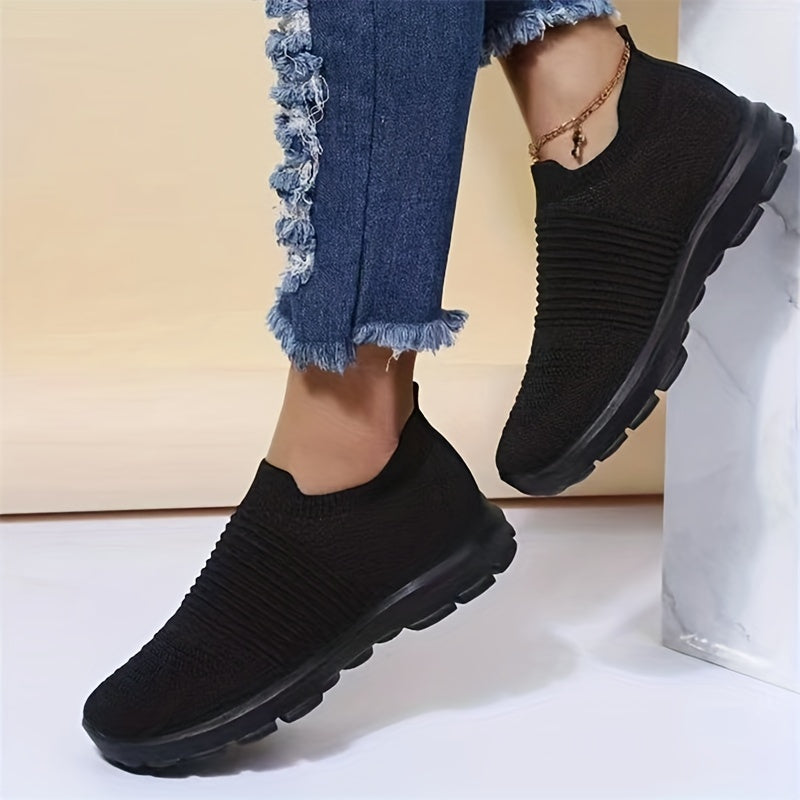 Women's Knit Soft Sole Breathable Mesh Sneakers, Solid Color Slip On Shoes, Women's Footwear -