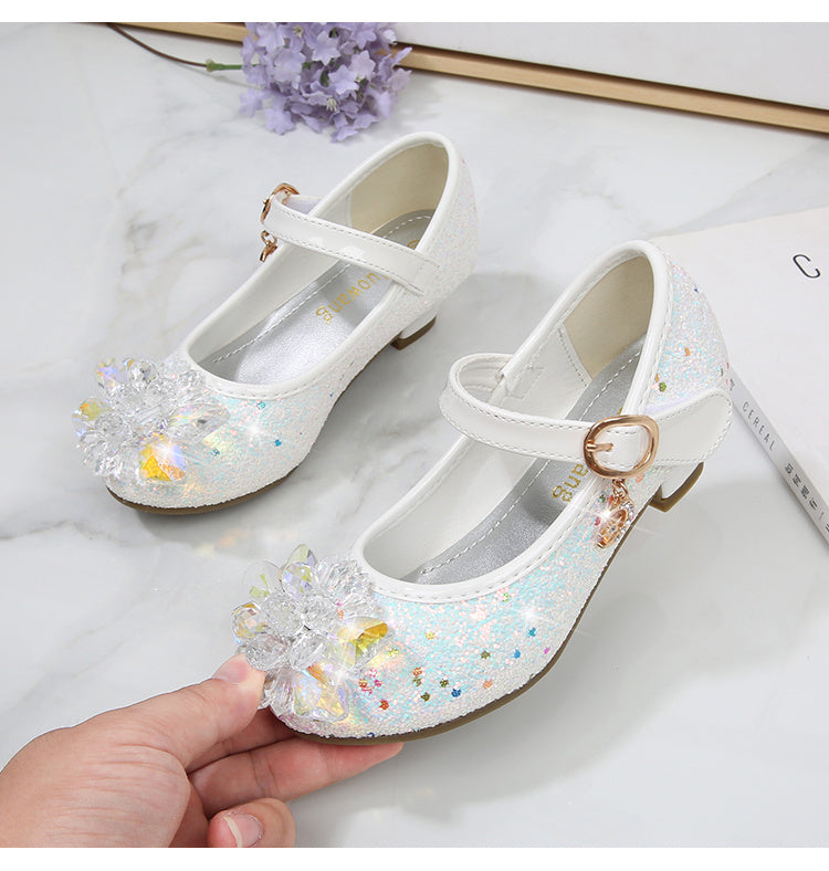 Girls' Elsa Princess High Heel Pumps - Sparkling Glitter Block Heel Shoes with Floral Embellishments, Lightweight Faux Cover for Spring & Fall, Weddings, Parties, Casual Wear, Shoes for Girls, Wedding Guest Shoes, Elegant Sho -