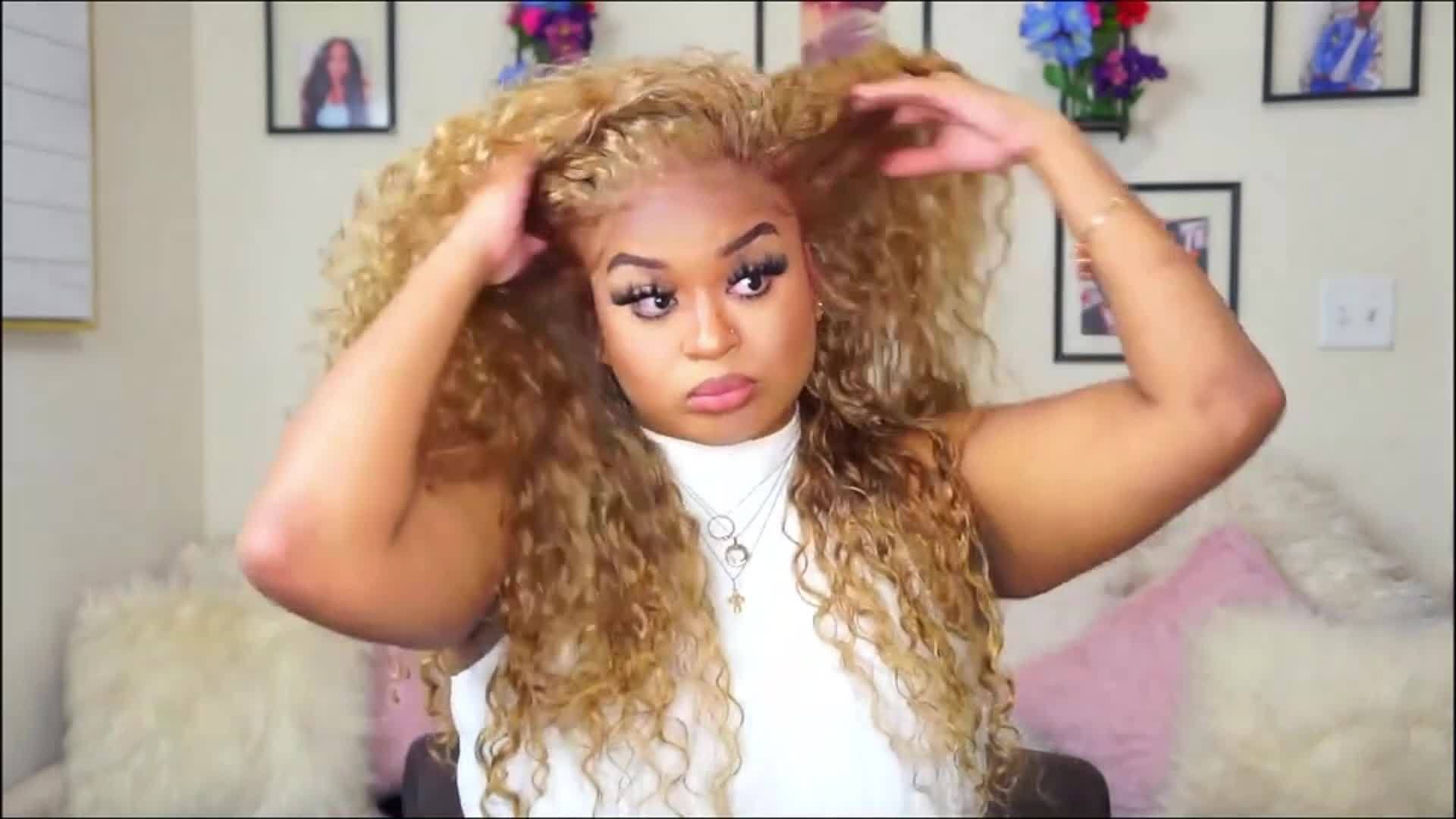 13x6 Honey Blonde Wig Human Hair 180% Density Peruvian Transparent Lace Frontal Wigs Human Hair Pre Plucked with Baby Hair Deep Wave Wig 27# Colored Curly Wig with Wig Cap And Ponytail Holder -