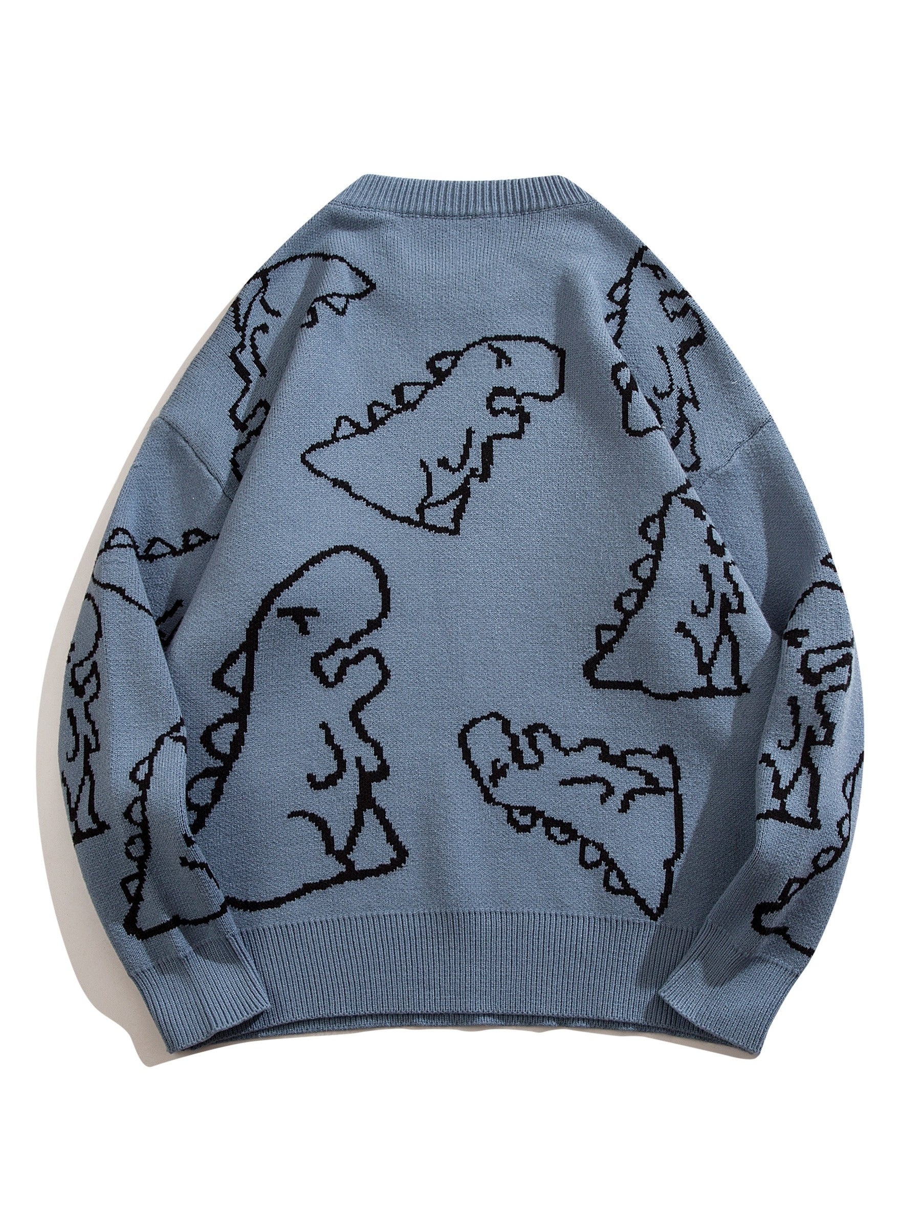 YWFG Unisex Casual Loose Fit Sweater - Black with Blue Dinosaur & Cloud Design, Long Sleeve Round Neck Pullover for Men & Women, Cozy Fall/Winter Knitwear, Dinosaur Clothes, Fall Winter Apparel, Playful Graphic Design, Comfor -