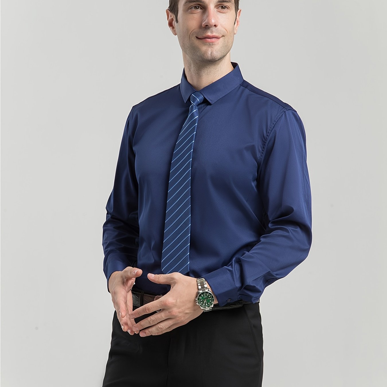 Men'S Slim-Fit Stretch Formal Shirt, Light Business Lapel Long Sleeve Shirt, Men'S Business Shirt Wrinkle-Resistant and Durable Solid Color Formal Long Sleeve Shirt with Buttons and Pockets Suitable for Work, Commuting, Datin -