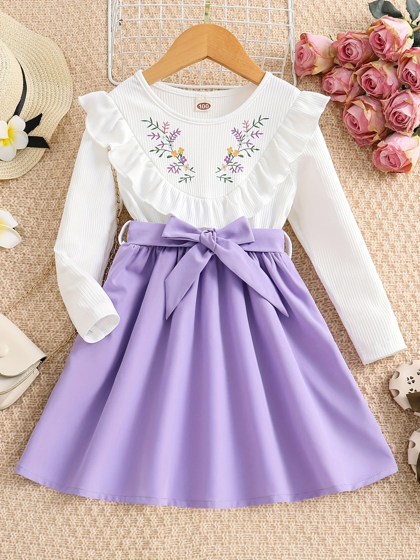 Girls' Floral Print Long Sleeve Dress with Belt - Knee-Length Round Neck Casual Outfit, Pink & White V-Neck Design for Spring & Fall, Dresses for Girls, Seasonal Fashion, Vneck Dress, Nontransparent Fabric -