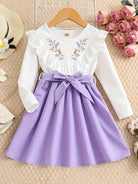 Girls' Floral Print Long Sleeve Dress with Belt - Knee-Length Round Neck Casual Outfit, Pink & White V-Neck Design for Spring & Fall, Dresses for Girls, Seasonal Fashion, Vneck Dress, Nontransparent Fabric -