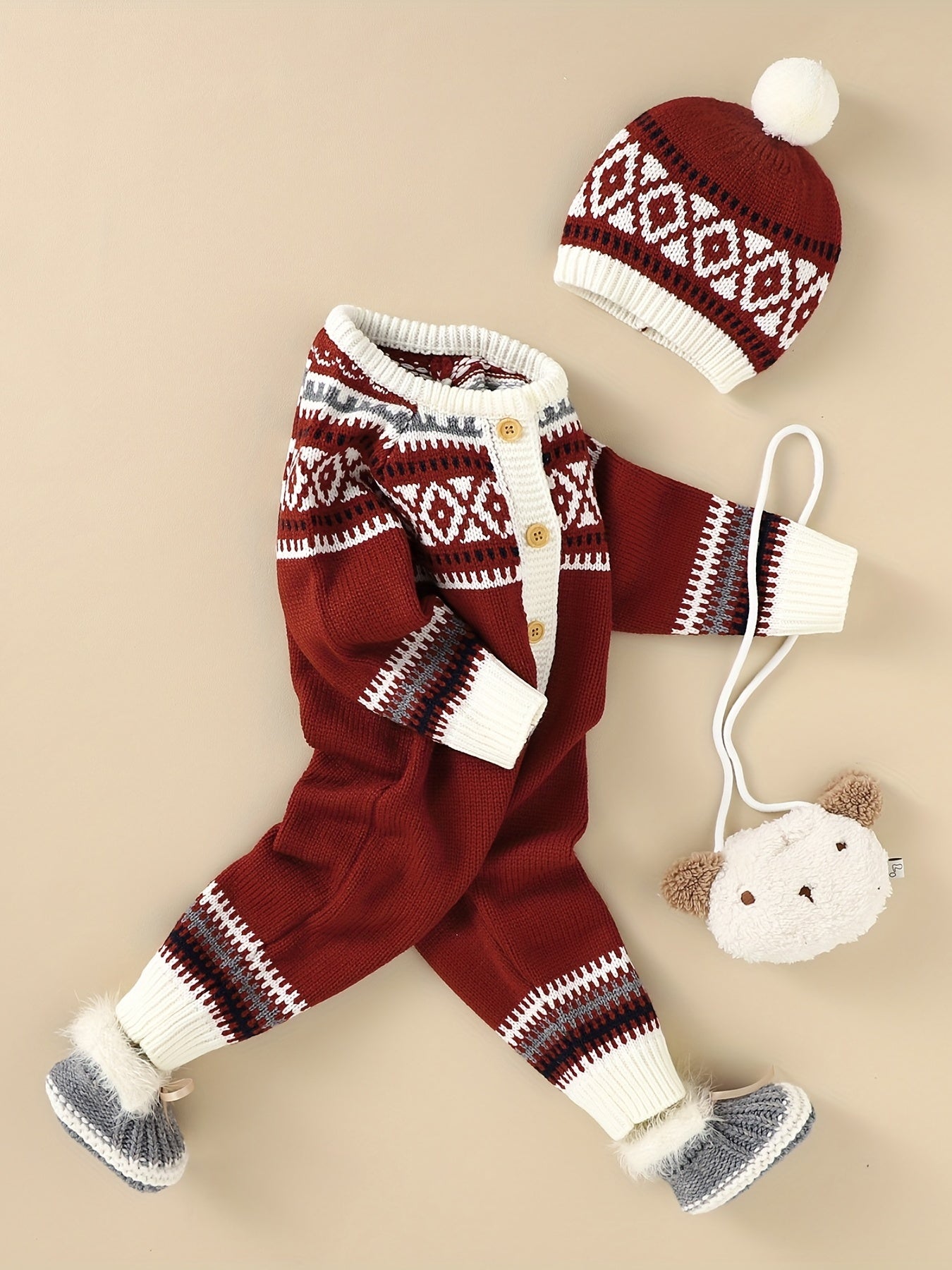 Newborn Infant Geometric Pattern Sweater Romper Long Sleeve Button Jumpsuit & Hat For Toddler Baby Boys And Girls, Suitable For Indoor And Outdoor Wear -