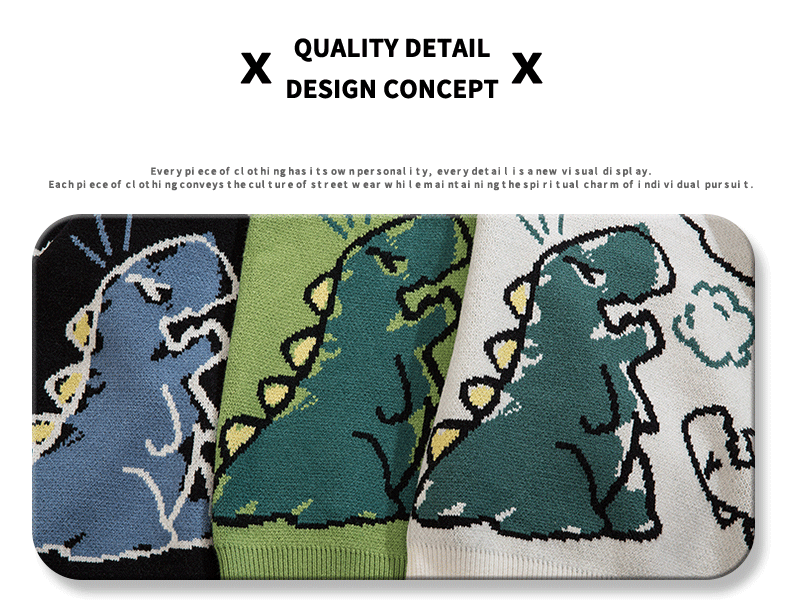 YWFG Unisex Casual Loose Fit Sweater - Black with Blue Dinosaur & Cloud Design, Long Sleeve Round Neck Pullover for Men & Women, Cozy Fall/Winter Knitwear, Dinosaur Clothes, Fall Winter Apparel, Playful Graphic Design, Comfor -