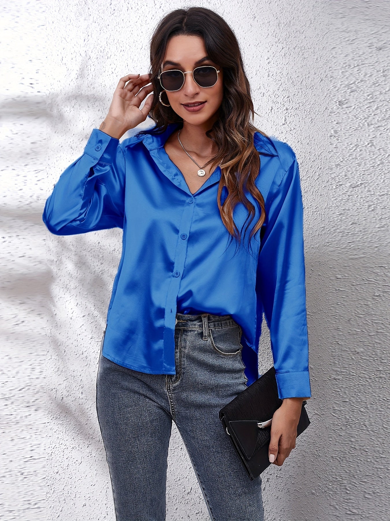 Elegant Satin-Finish Long Sleeve Blouse for Women - Chic Solid Color, Non-Stretch Fabric, Perfect for Spring/Fall, Ideal for Formal Occasions, Ladies Blouses -